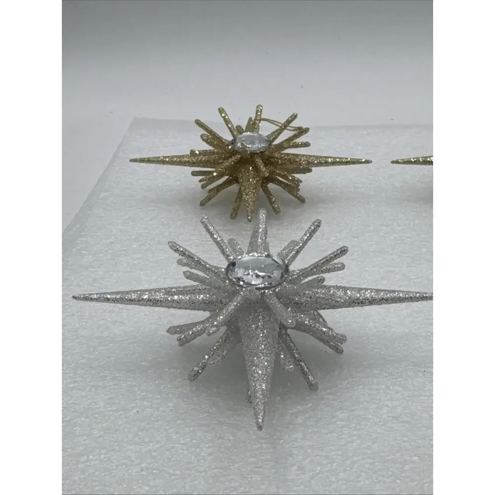 Set Of 4 Z Gallerie Diamond Eye Star Glitter 4.7” Ornaments 2 Silver 2 Gold 3D